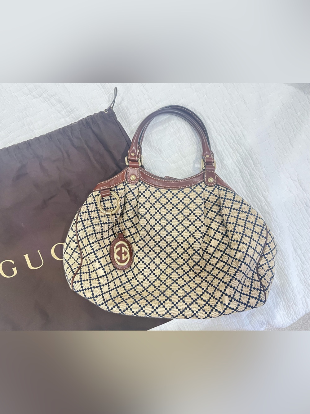 EUC Gucci Beige & Black Patterned Shoulder Bag with Brown Leather Trim